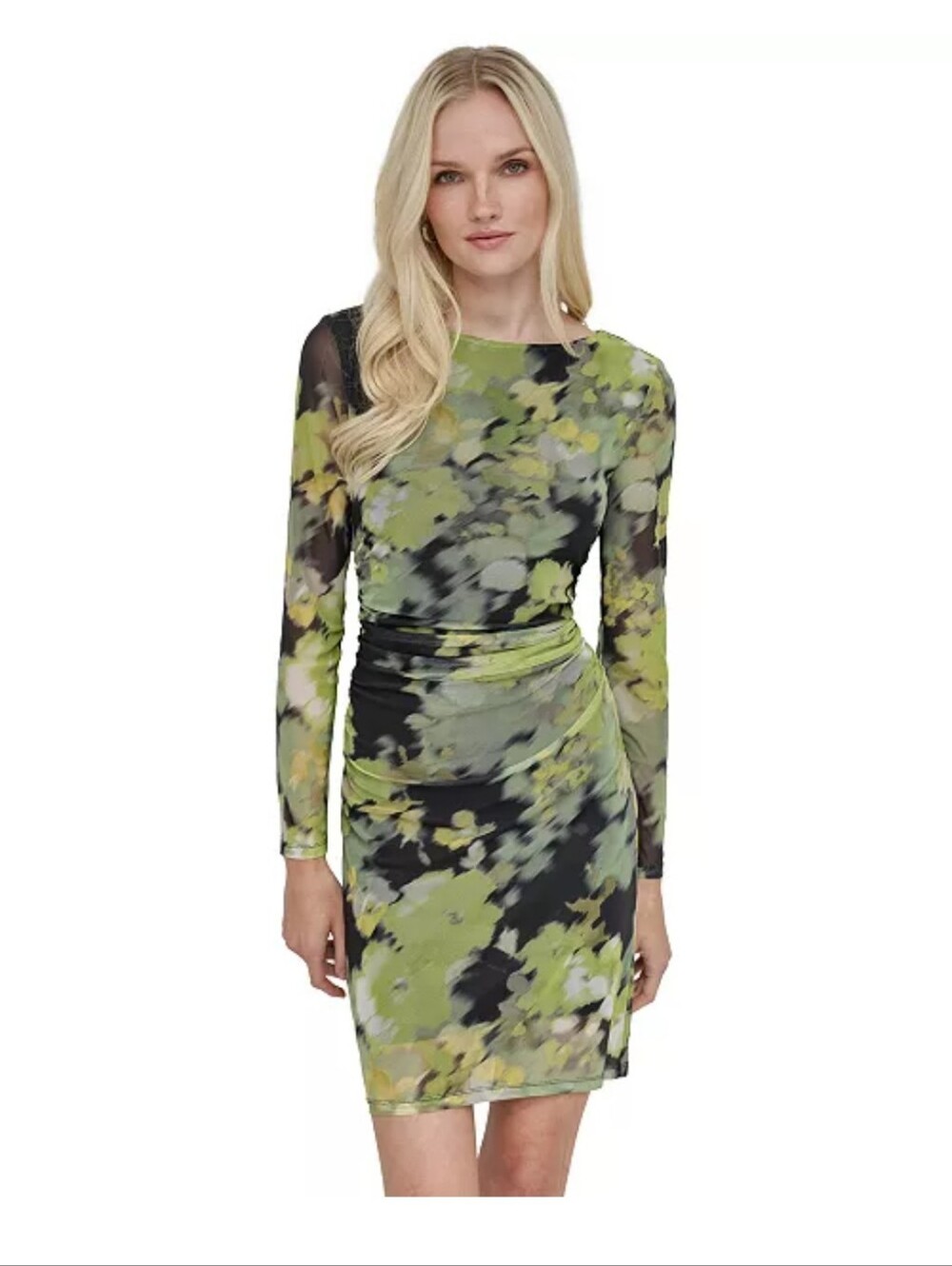 DKNY NWT Size 10P Green Floral Ruched Long Sleeve Mesh Midi Dress $129